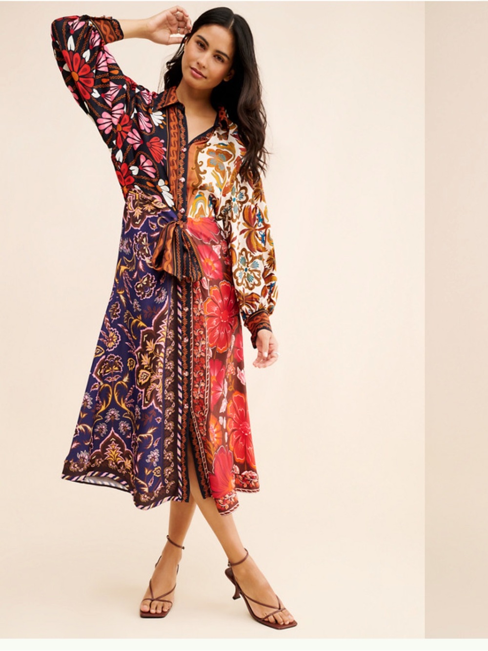 Farm Rio Miranda Mixed Floral Patchwork Midi Shirt Dress
